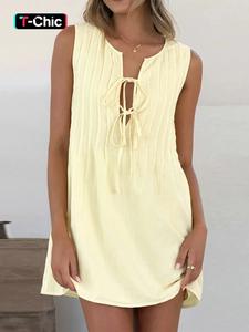 Women's Plain Tie Front Dress, Casual Sleeveless Linen Dress for Summer, Ladies Clothes for Daily Wear,  Summer Dresses 2025