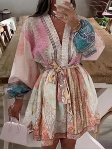 Women's Short Dress, Boho Casual Long Sleeve Dress for Beach Vacation Holiday, Ladies Summer Clothes, Womenswear
