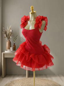 QFAF Women's Sleeveless Ruffled Hem Strap U-Neck A-Line Mini Dress, Sexy Street Style Birthday Party Evening Fashion Dress