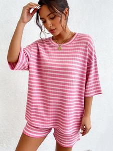 Women's Casual Striped Set, Summer Short Sleeve & Shorts, Airport Leisure Home Sportswear, Fashionable Women's Clothing, Womenswear