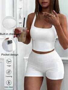Women's Sporty Yoga Tank Top Set, Slim Fit Square Neck Backless Design, High Waist Shorts, Sleeveless Above the Knee