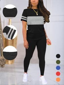 Two-piece Set Women's Colorblock Print, Casual Short Sleeve Tee & Pants Set for Summer, Ladies Clothes for Daily Wear, Matching Clothing Set, Co-ord Sets for Women