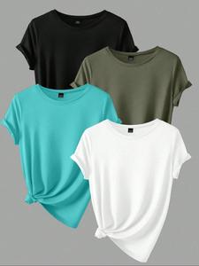 【Plus Size】 Solid Round Neck Tee, Casual Minimalist Short Sleeve Crew Neck T-Shirt for Summer, Women's Clothing for Daily Wear, Womenswear, Streetwear