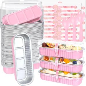 50Pcs Mini Loaf Pans with Lids and Spoons, 200ml Rectangular Aluminum Foil Baking Pans Mini Cake Tins Containers with Sealing Sticker for Bread Cake Wedding Birthday Picnic Party (Pink Silver)