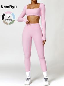 Women's Seamless High Elastic Soft Square Collar Open Waist Long Sleeve High Waist Hip Lifting Trousers Yoga suit Outdoor Running Mountain Climbing Walking Fashion suit All-match long-sleeve trousers for gym training Yoga Clothes Set