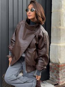 Fashion Oversized Asymmetrical Zipper Jacket Women's Jacket Black Faux Leather Outerwears Autumn spring 2026 New In Coats & Jackets Long Sleeve Motorcycle Jacket Street Style Jacket