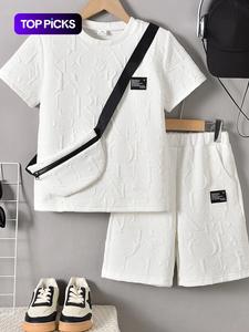 Three-piece Set Boy's Letter Pattern Co-ord Set, Casual Short Sleeve T-shirt & Shorts & Crossbody Bag, Summer Clothes for Kids, Cute Clothes, Solid Color Suit, Outfit