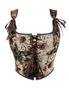 Women's Floral Print Lace Up Corset Top, Elegant Fit Grommet Eyelet Contrast Binding Shapewear Top for Daily Wear, Fashion Women's Shapewear for All Seasons, Lady Woven Adjustable Top