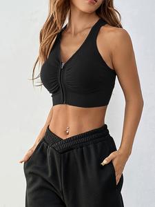 Women's Solid Ruched Cut Out Zipper Front Crop Sports Vest, Casual Comfortable Breathable V Neck Sleeveless Cropped Sports Top for Yoga Gym Workout Running, Ladies Sportswear Clothing for Indoor Outdoor Wear