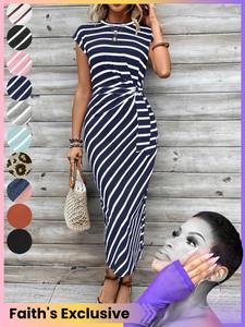 Women's Striped Print Bodycon Fitted Knot Dress, Elegant Short Sleeve Long Dress for Summer, Sundress Dress, French Style Ladies Clothes for Beach Holiday, Casual Elegant Dress