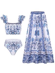 Three-piece Set Women's Floral Print Swimsuit Set, Boho Fashion Layered Ruffle Trim Swim Top & Swim Panty & Cover Up Skirt Set, Three-piece Swimwear for Beach Holiday Vacation, Bikini Sets, Modest Swimming Wear, Bathing Suits, Bikinis Sets