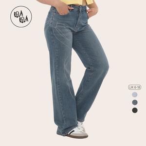 RELA RELA Women's Viral Stretchy Relaxed Mid-Waist Rhinestone Bow Detail Jeans UK 6-18 Denim Womenswear