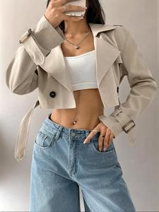 Women's Solid Double Button Belted Lapel Neckline Crop Trench Coat, Casual Long Sleeve Crop Outerwear for Spring & Fall, Women's Clothing for Daily Wear, Tops