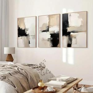 3 pieces Minimalist Black Beige Contemporary Abstract Art Painting Model Room Soft Hanging Decoration Design Modern Minimalist Style Interior Decor Gallery Grade Quality Office Space Beautification Artistic Atmosphere Decor Framed and Unframed Options