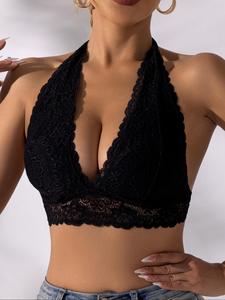 Women's Solid Lace Crop Sports Bra, Casual Comfortable Breathable Bra, Ladies Sportswear for Indoor Outdoor Wear