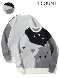 Men's Cartoon Cat Print Round Neck Sweater, Regular Fit Casual Long Sleeve Crew Neck Jumper for Fall & Winter, Fashion Men's Knitwear for Daily Wear