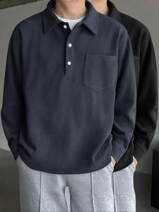 Men's Solid Corduroy Half Placket Polo Shirt, Loose Casual Long Sleeve Collared Top for Spring & Fall, Fashion Men's Clothes for Daily Wear