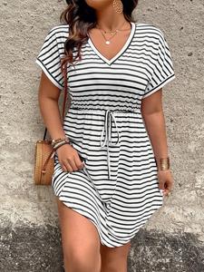 Women's Plus Size Dress Striped Short Sleeve V-Neck Casual Mini Dresses Tie Waist Adjustable Drawstring Flowy Tummy Control Summer Beach Daily Outfits Trendy