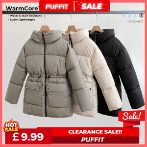 [Clearance] PUFFIT WarmCore Mid Length Waist Drawcord Premium Puffer Jacket Women Hood Winter, Ladies Outwear Coat Big Pocket with Waist Drawcord Winter Coat Go.G.G