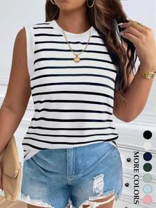 Women's Plus Size Striped Tank Top Sleeveless Casual T-Shirt Crew Neck Minimalist Basic Tee Summer Lounge Daily Outfits Trendy Womenswear