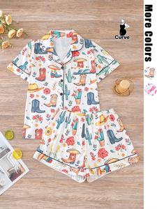 【Plus Size】 All Over Print Pyjama Set, Casual Comfy Short Sleeve Top & Elastic Waist Shorts Pj Set, Women's Sleepwear for All Seasons