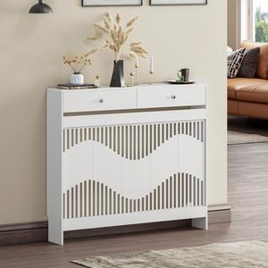 Radiator Cover with Drawers, White Wooden Radiator Shelf Pipe Covers Cabinet with Wavy Grill for Living Room Bedroom Hallway S/M/L
