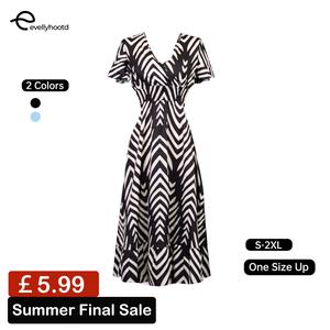 EVELLYHOOTD Summer Holiday Leisure Colorblock Striped Ruffle Trim Pleated Waist V-Neckline Midi Dress Maxi Women Outfit [One size up]