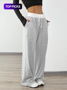 Women's Colorblock Drawstring Waist Sports Jogger Pants, Sporty Pocket Design Wide Leg Trousers for Daily Wear, Ladies Sportswear for All Seasons