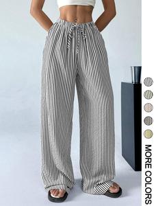 Women's Striped Print Drawstring Waist Pants, Loose Casual Comfy Wide Leg Trousers for Daily Wear, Ladies Bottoms for All Seasons, Baggy Wideleg, Womenswear, Oversized