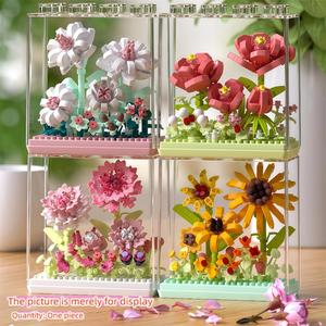 Flower Building Set, DIY 3D Garden Model Kit, Handmade Bouquet, Transparent Acrylic Box, Abs Plastic, Home Decor Gift Idea, Building Block Sets