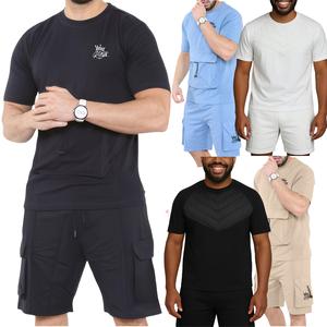 Mens T Shirt & Shorts Set Chest Pockets Tracksuit Summer Outfit Top Set Fleece Cargo Shorts