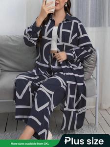 Women's Plus Size Two-piece Set Geometric Print Long Sleeve Button Down Shirt & Wide Leg Pants Set, National Day Clothing, Casual Spring & Fall Clothes for Ladies Outdoor, Co-ords Set