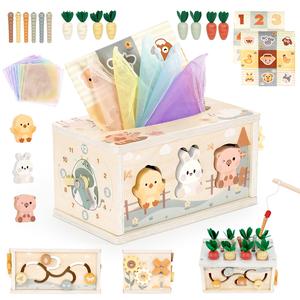 Montessori Wooden Educational Toys - 6 in 1 Baby Tissue Box Toy, Wooden Activity Cube, Shape Sorter Sensory Toys, Birthday Gifts for Girls Boy