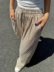 Women's Striped Print Drawstring Waist Wide Leg Pants, Casual Lounge Pants, Casual Pocket Trousers for Daily Wear, Ladies Bottoms for All Seasons