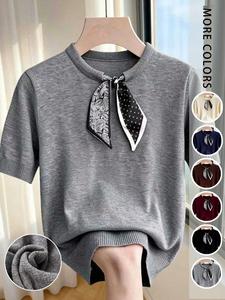 Short Sleeve Knit Sweater with Scarf Bow Tie, Casual Commuter Style, Spring & Fall Inner Layer Outer Wear Women