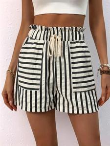 Women's Striped Print Drawstring Waist Shorts, Casual Elastic Waist Shorts for Spring, Fashion Women's Bottoms for Daily Wear, Casual Fashionable Shorts, Womenswear, Summer Clothes, Casual Breathable Shorts, Lightweight Printed Shorts