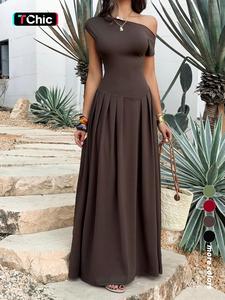 Elegant Solid Color One Shoulder Short Sleeve Waist Cinched Maxi Dress, Perfect for Evening Parties and Special Occasions