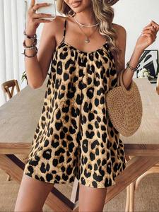 Women's Leopard Print Cami Romper, Casual Loose Baggy Sleeveless Spaghetti Strap Short Jumpsuit for Summer, Fashion Women's Clothes for Daily Wear, Womenswear