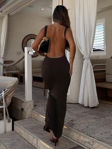 Women's Sexy Backless Halter Neck Sleeveless Dress, Simple Design Slim Fit Party Style Long Dress, Perfect for Dates and Vacations