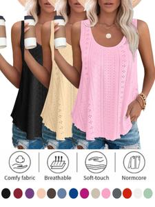 2026 Womens Tank Tops Sleeveless Eyelet Embroidery Scoop Neck Loose Fit Casual Fall Flowy Breathable