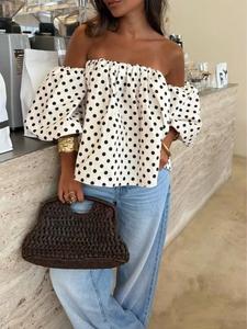 European Style Polka Dot Off-Shoulder Bubble Sleeve Shirt, One-Piece Loose Fit Slimming Short Top, Summer Casual Fashion
