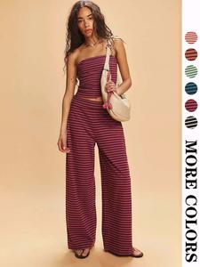 Women's Striped Print Crop Tube Top & Wide Leg Pants Set, Street Fashion Casual Two-piece Set for Daily Wear, Ladies Summer Clothes, Womenswear, Casual Matching Set