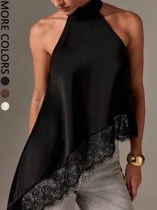 1 Piece Valentine's Day Women's Black Satin Halter Top, Asymmetric Lace Hem, Flowy Fit for Romantic Evening Outfits