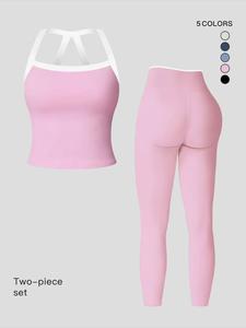 Women's Yoga Set, Fitness Clothes, Yoga Outfit, Colorblock Crisscross Backless Crop Top & High Waist Tummy Control Butt-Lifting Leggings, Yoga Pilates Gym Workout Tight-Fitting Sportswear, Casual Sporty Comfy Breathable Quick-Drying Two-Piece Set