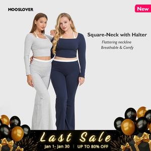 Mooslover Contrast Halter Long Sleeve Crop Top – Square Neck Fit for Autumn Layering - Comfy & Breathable Womenswear - Yoga workout【ChristmasOutfits】