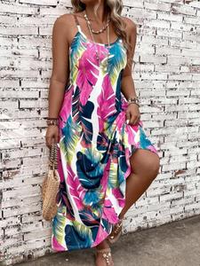 Plus Size Feather Print Cami Dress, Boho Scoop Neck Spaghetti Strap A Line Dress for Beach Holiday Vacation, Women's Clothes for Summer