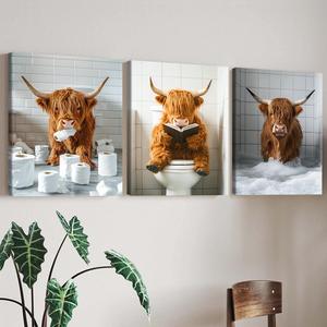 Highland Cow Pattern Canvas Framed Painting, 3 Counts Modern Wall Art Painting, Wall Art Decor for Home Interior Living Room Bedroom Office, Ornaments, Indoor Decoration
