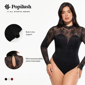 Popilush Essential Long Sleeve Bodysuit - Deep V-Neck Sheer Lace Turtleneck Breathable Fabric with Built-in Bra &  Casual