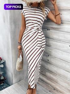 Women's Solid Color / Striped / All Over Print Knot Batwing Sleeve Dress, Casual Boho Soft Short Sleeve Round Neck Long Fit Dress, Ladies Clothes for Beach Holiday, Casual Beach Sundress
