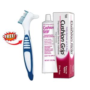 Cushion Grip A Soft Pliable Thermoplastic Denture Adhesive for Refitting and Tightening 1 Oz 28 Grams + Free Dual Sided Denture Cleaning Brush Medium Firmness Oral Hygiene Brush Color May Vary